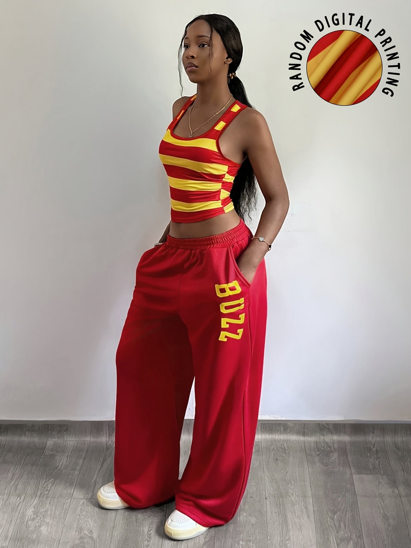 Women's 2pcs Casual Set: Crew Neck Striped Slim-Fit Tank Top and Elastic Waist Pocket Loose Straight-Leg Long Pants, PB-1535