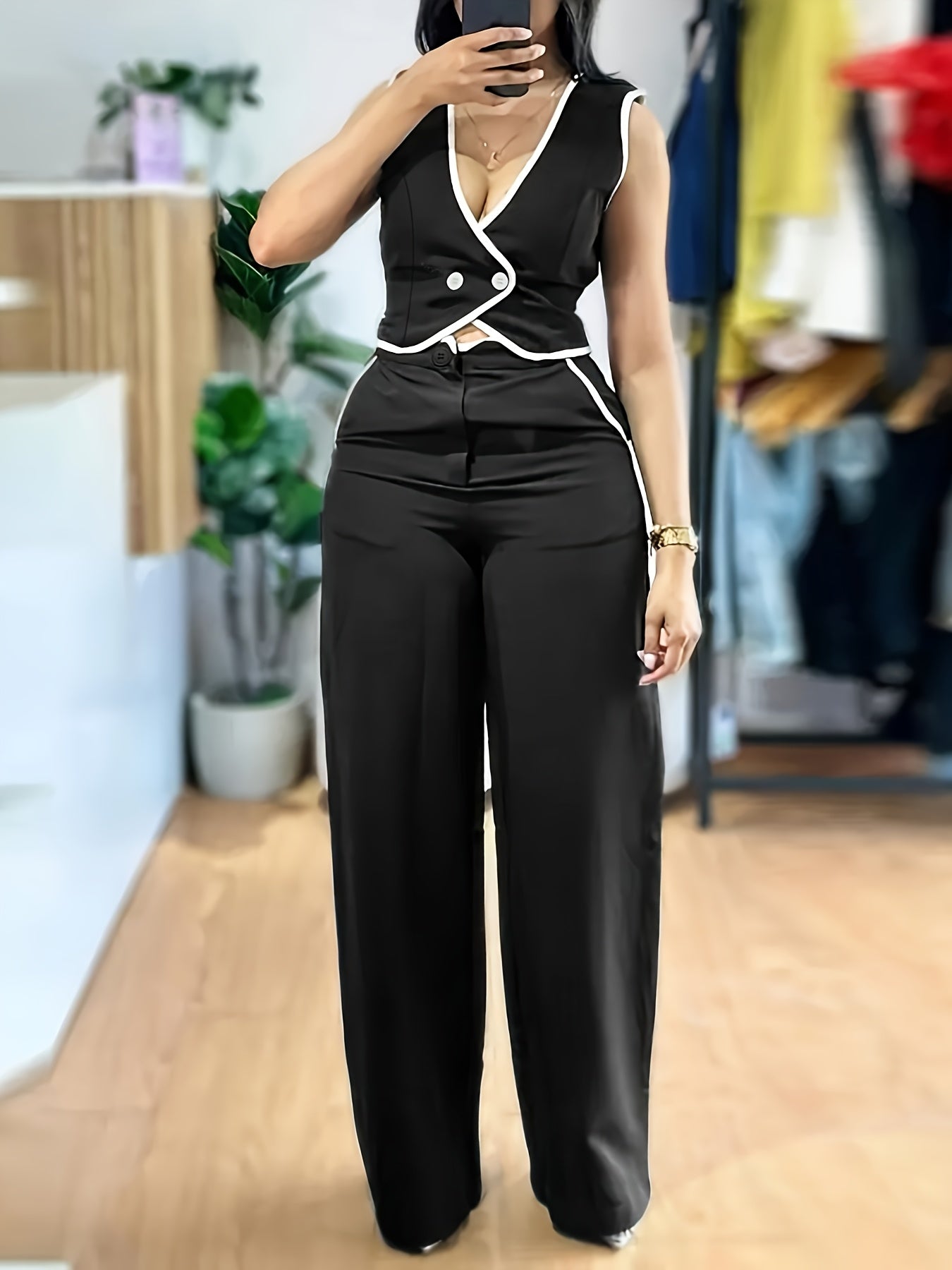 New Spring-Summer Black and White Color Block Sleeveless Vest & Wide-Leg Pants Two-Piece Set for Women