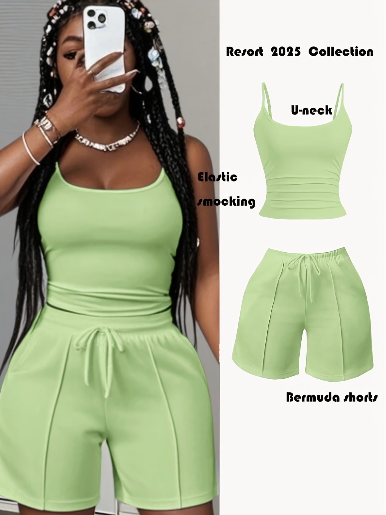 Spring/Summer New Casual Basic U-Neck Camisole + Zigzag Striped Decorative Shorts