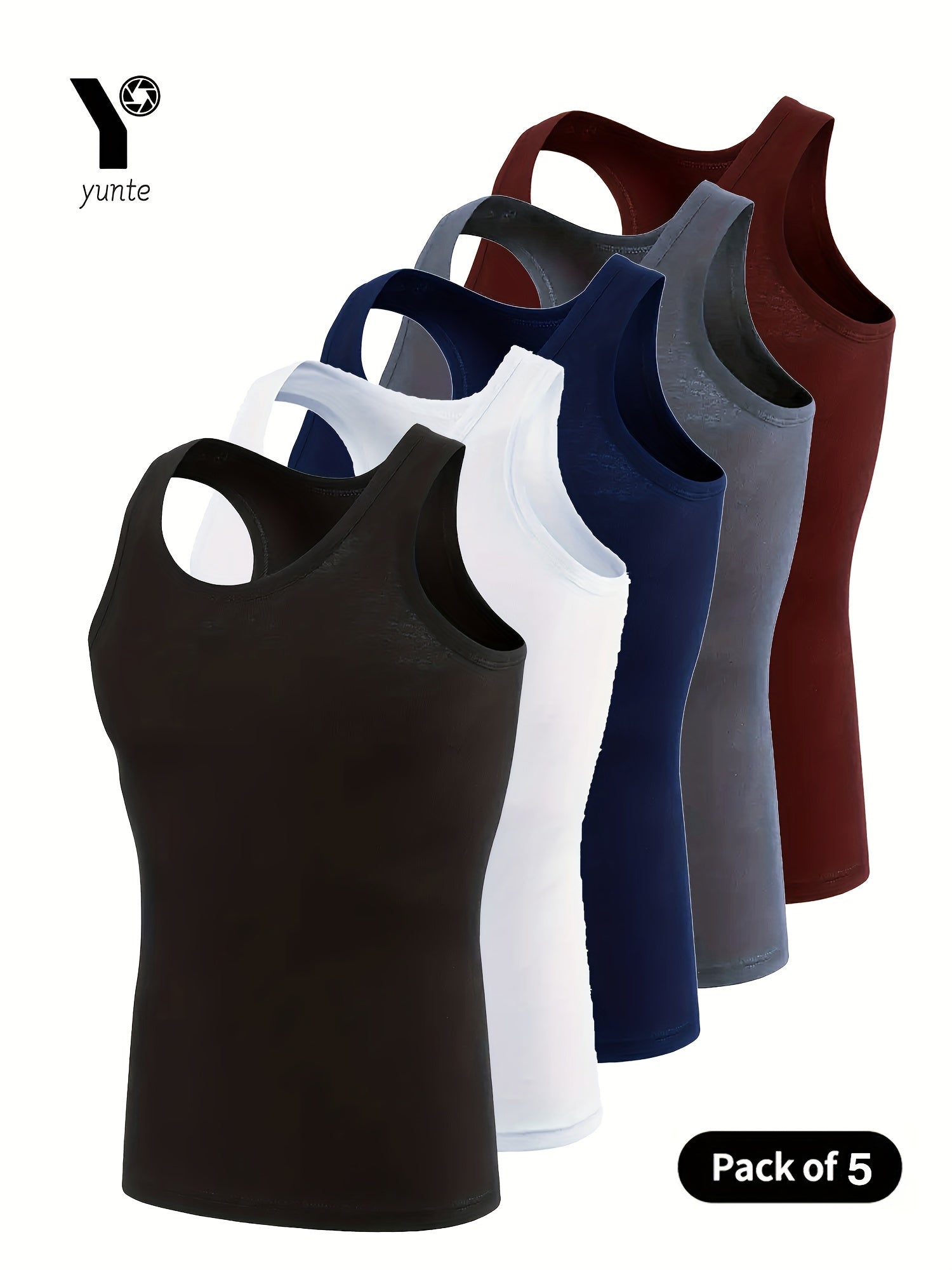 5 Colors 5pcs Pc Black-White-Gray-Navy-Burgundy Men'S Vest, Fashionable Breathable Comfortable Quick-Drying Sports Fitness Vest, Casual Solid Color Top, Men'S Summer Clothing, Men'S Undershirt Top