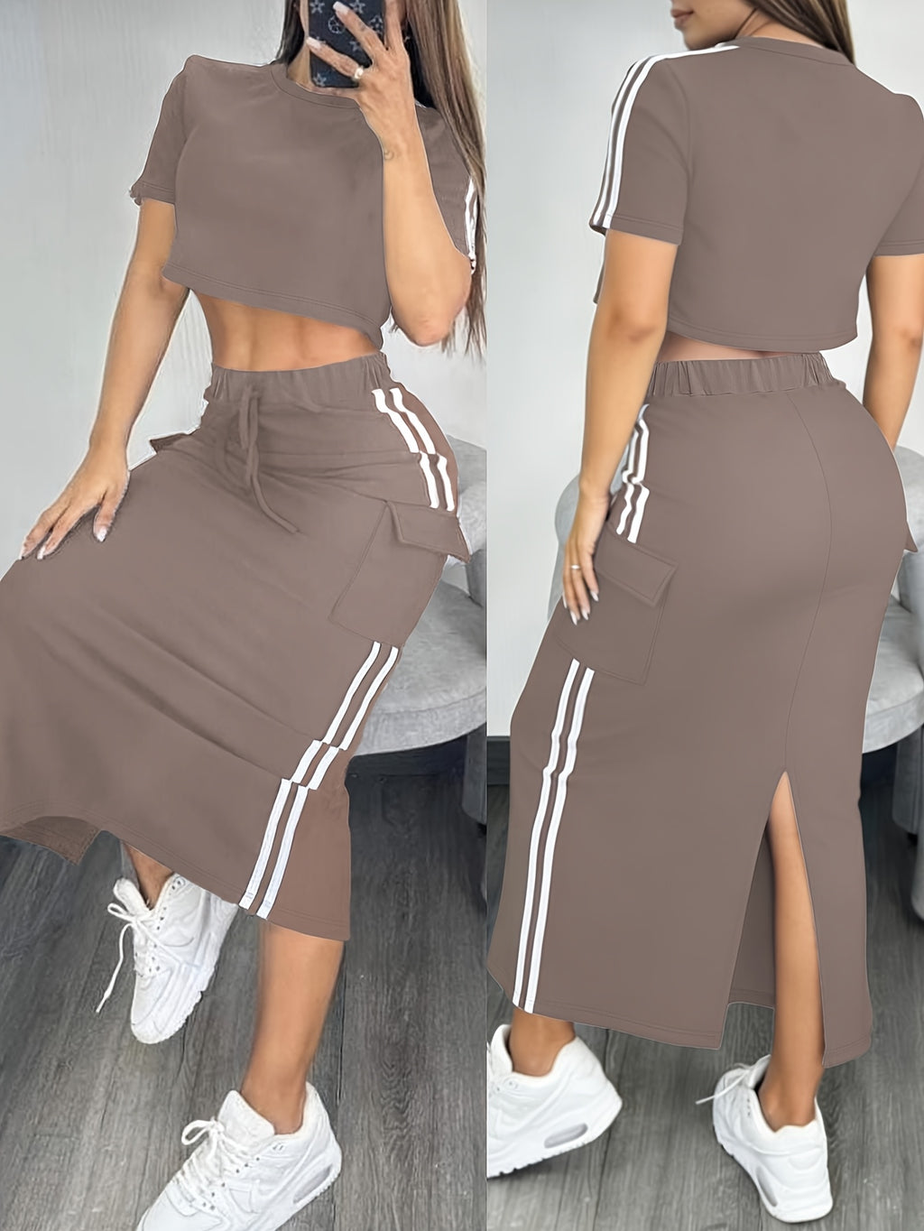 Casual Cropped Top + Side-panel Two-stripe Back-slit Skirt Set