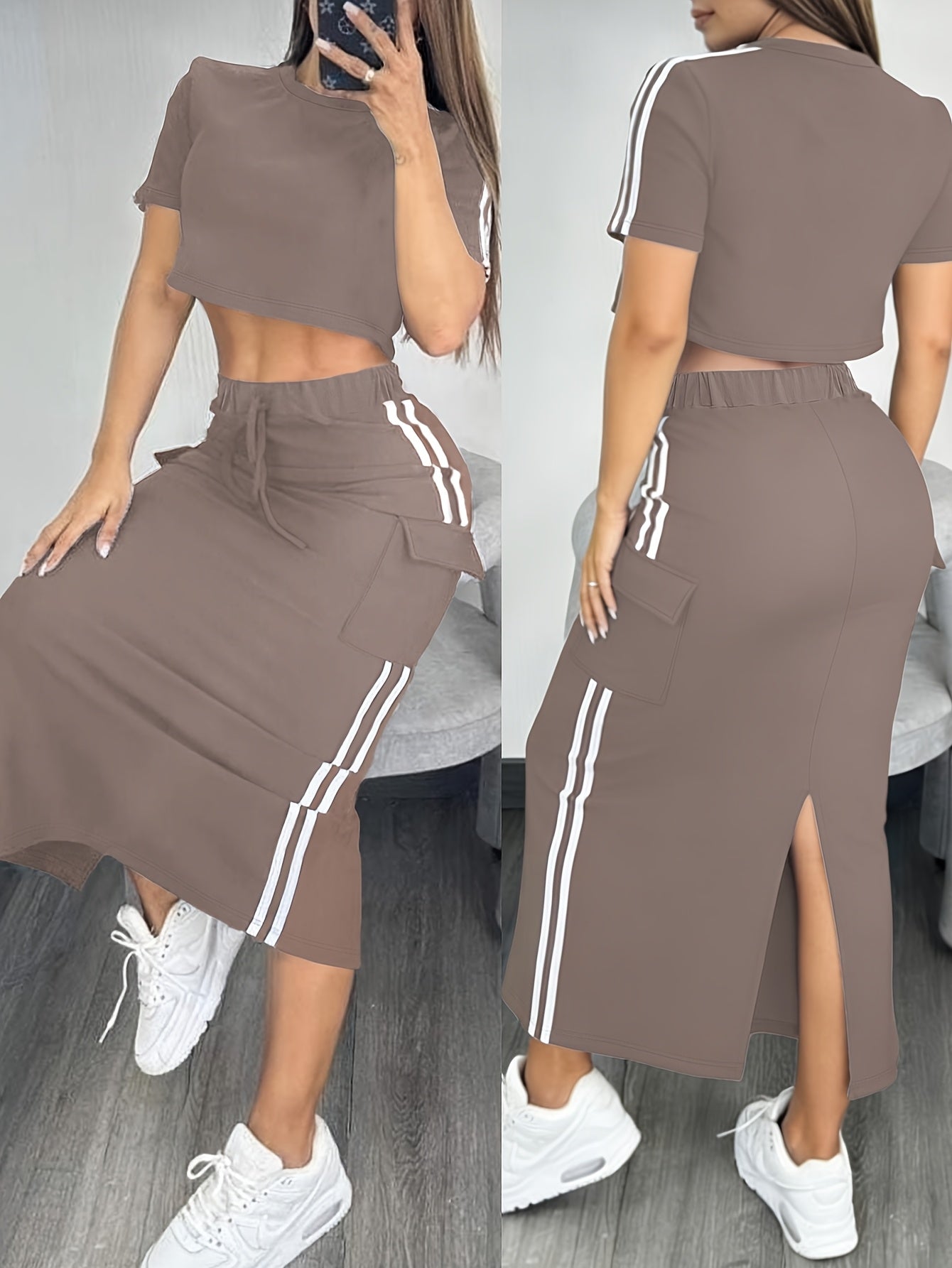 Casual Cropped Top + Side-panel Two-stripe Back-slit Skirt Set