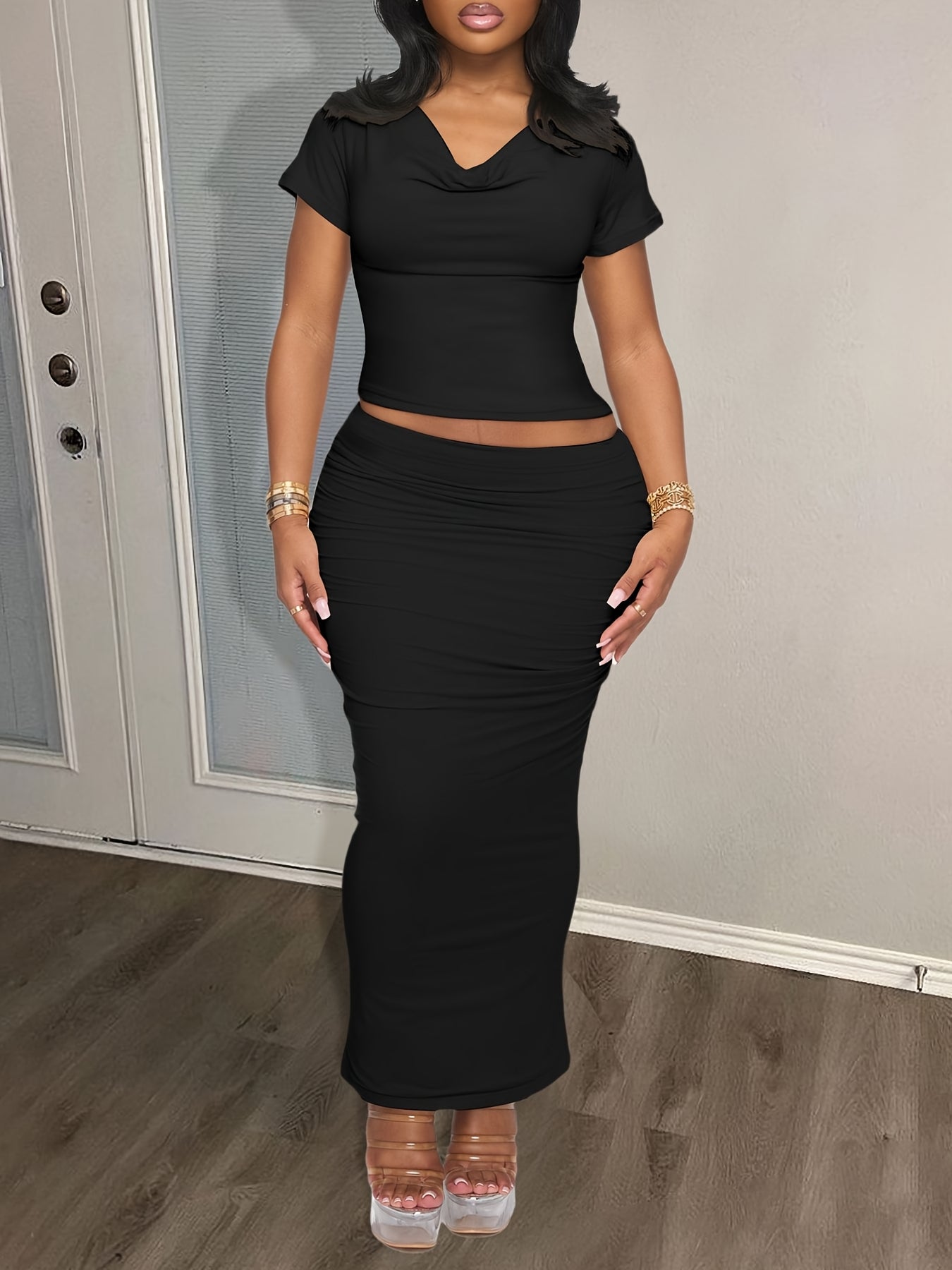 LovelyWholesale Casual Modal Tie Neck Basic Solid Color Short Sleeve 2pcs Skirt Set