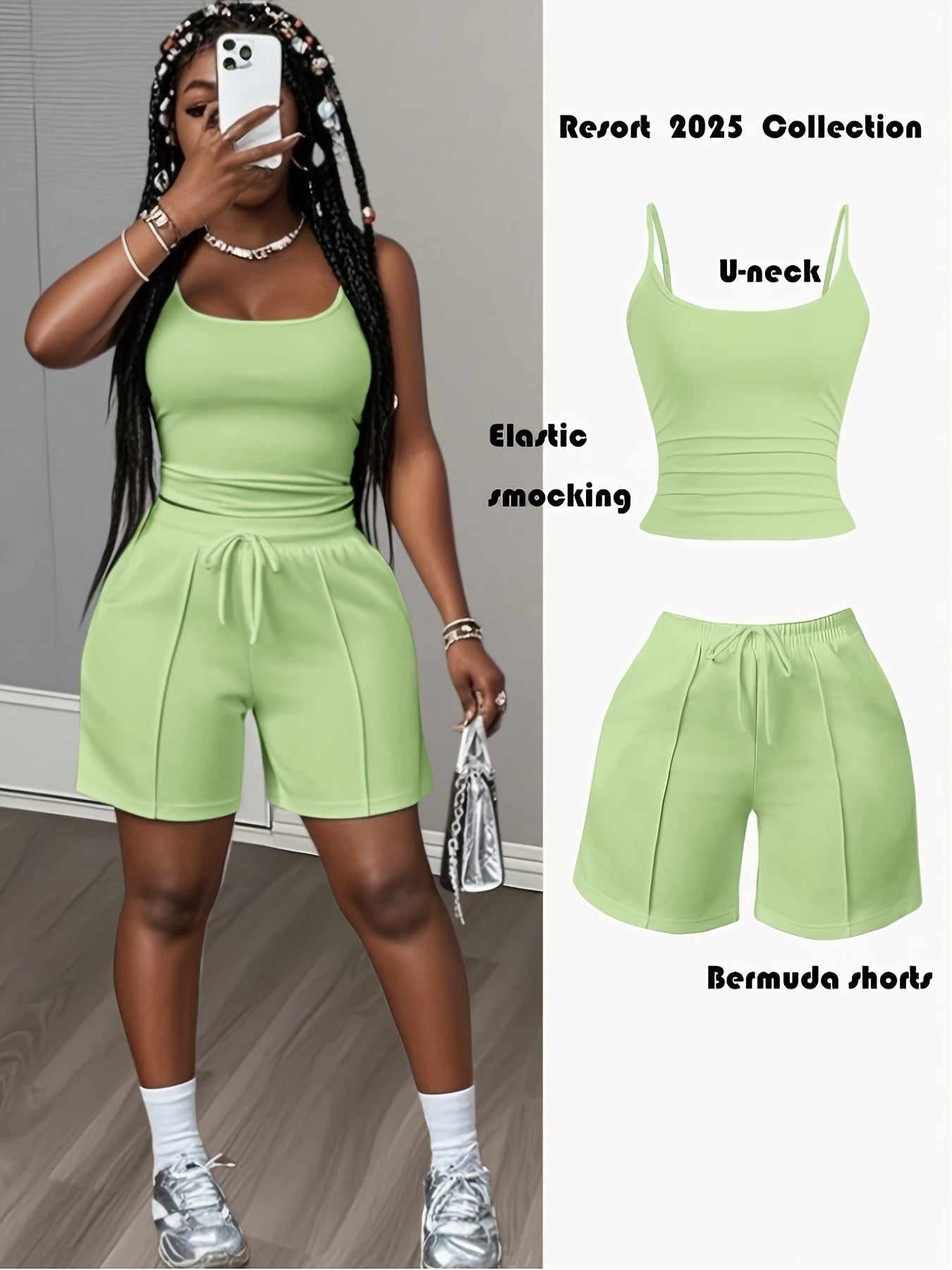 Spring/Summer New Casual Basic U-Neck Camisole + Zigzag Striped Decorative Shorts