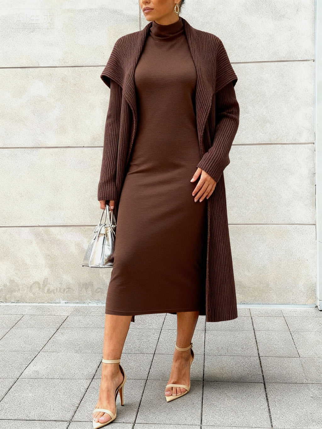 Fashionable Women's Apparel: Elegant 2pcs Set Featuring a Long Cardigan Coat in a Gentle, Lazy-Chic Style, Paired with a High-Neck Slim-Fit Dress
