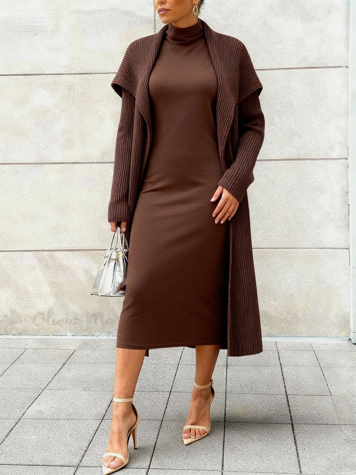 Fashionable Women's Apparel: Elegant 2pcs Set Featuring a Long Cardigan Coat in a Gentle, Lazy-Chic Style, Paired with a High-Neck Slim-Fit Dress